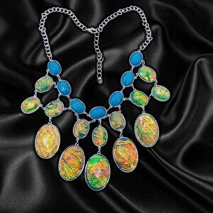 Blue Dangling Statement Necklace Glass and Resin Beads Oval Silver Toned Danglin